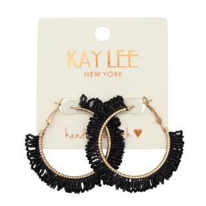 Kay Lee Gold Tone Hoops with Black Glass Bead Earrings #E1150